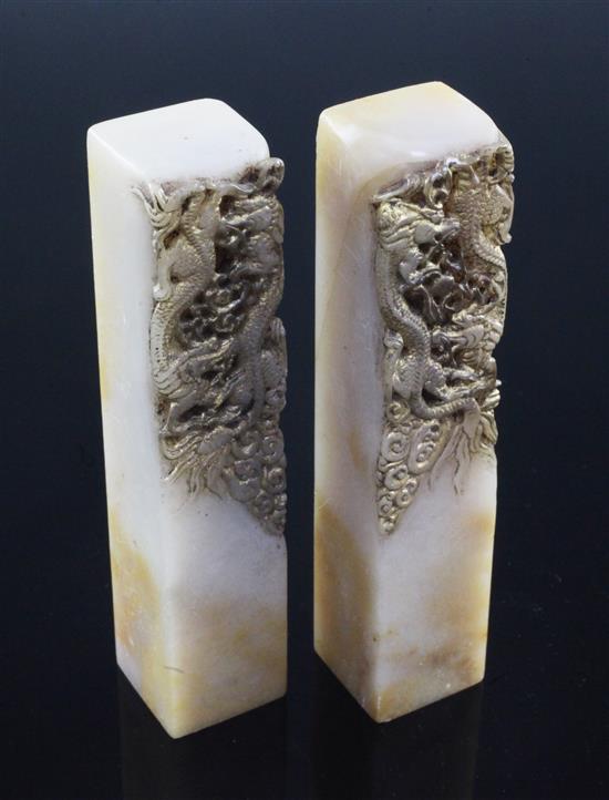 Two Chinese soapstone dragon seals, early 20th century, 11.8cm, label for R & V Tregaskis